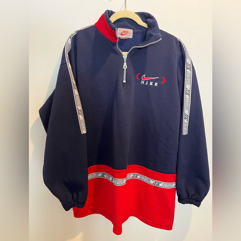 RARE 90s Nike Made In USA Quarter Zip Logo Tape Pullover Navy Red OS